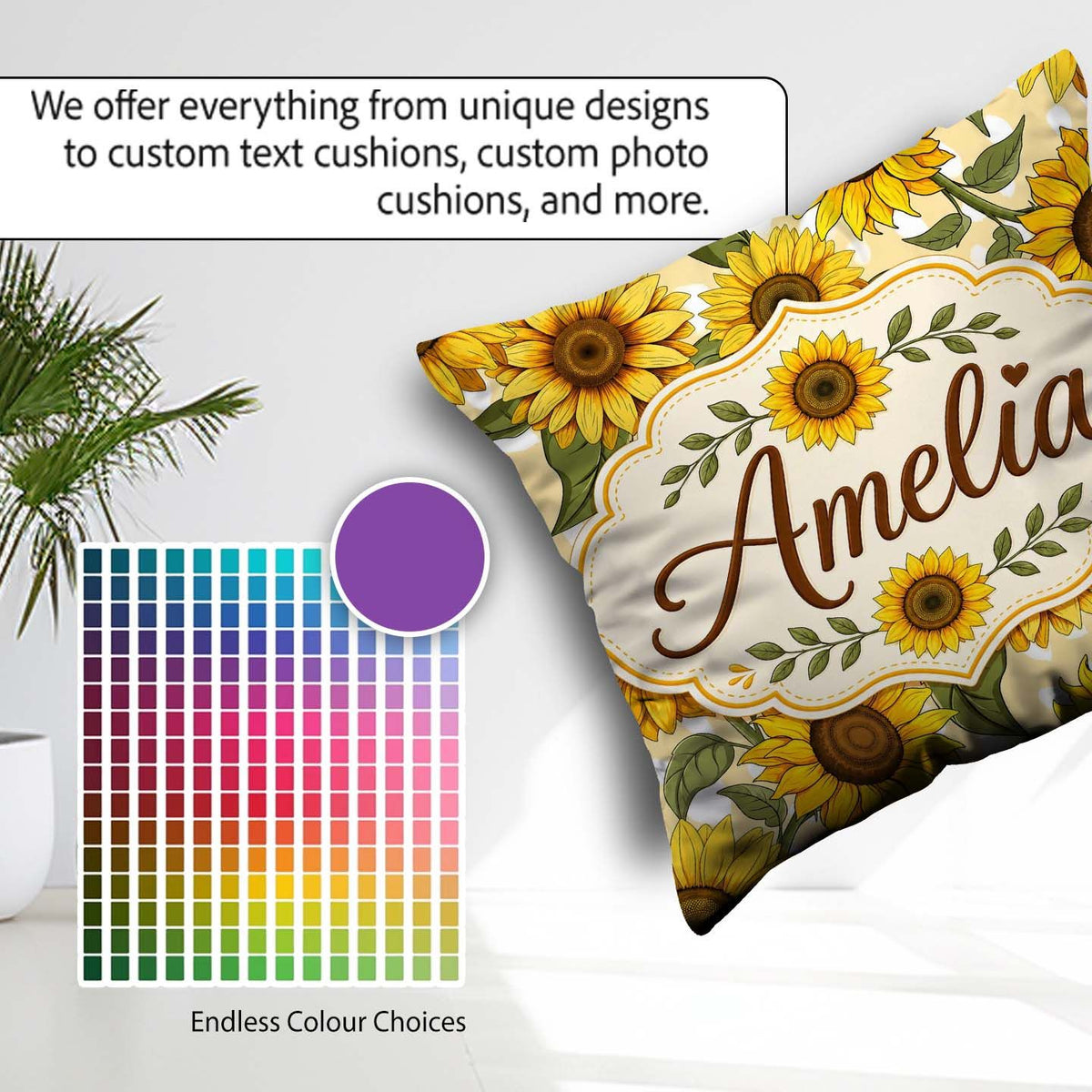 Custom Name Bright Yellow Sunflower Abstract Background Seamless Square Filled Cushion Throw Pillow Sofa Bed Home Decor Zip Washable UK Made