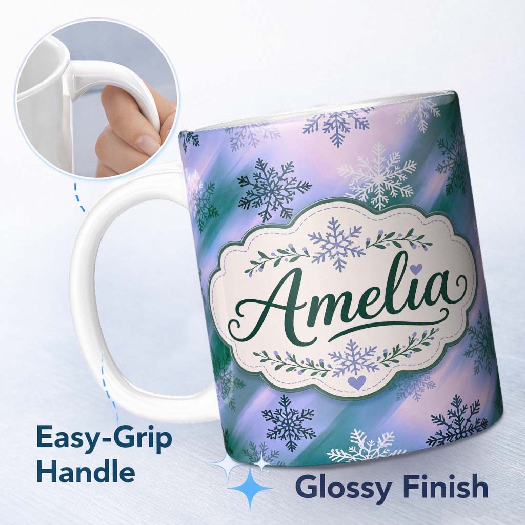 Personalized Custom Name Abstract Snowflake Gradient Winter Seamless Pattern Cute Unique Gift 11oz Ceramic Coffee Tea Mug White Large Handle