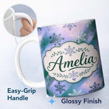 Personalized Custom Name Abstract Snowflake Gradient Winter Seamless Pattern Cute Unique Gift 11oz Ceramic Coffee Tea Mug White Large Handle