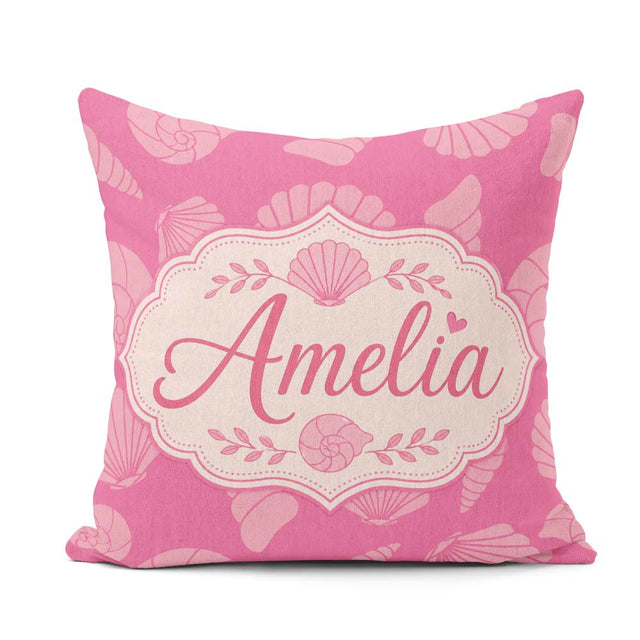 Custom Name Minimal Pink Seashell Ocean Summer Pattern Name Cute Square Filled Cushion Throw Pillow Sofa Bed Home Decor Zip Washable UK Made