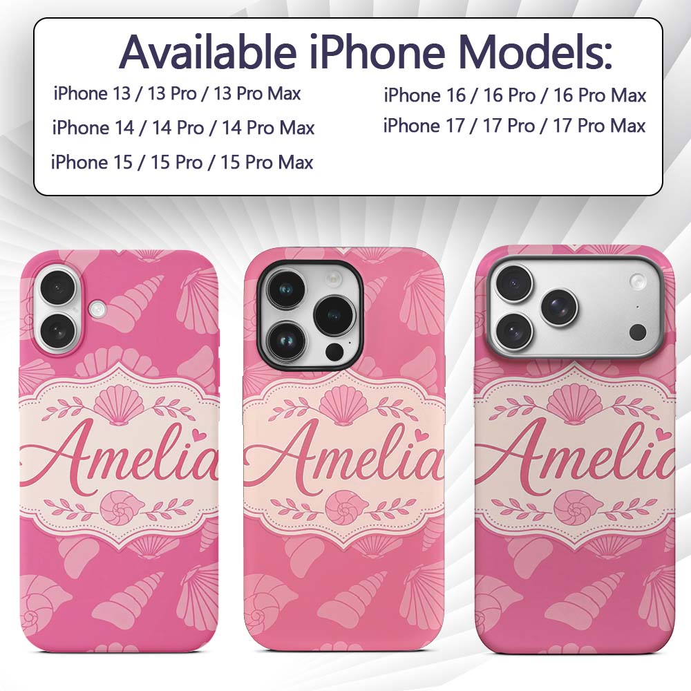 Minimal Pink Seashell Ocean Summer Printed Design Custom Name Protective Phone Case Mobile Cover Durable Everyday Smartphone Shock Resistant