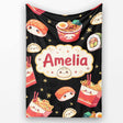 Cute Kawaii Sushi Ramen Dumpling Food Black Background Seamless  Personalised Custom Name Super Soft Fleece Blanket Bed Sofa Throw