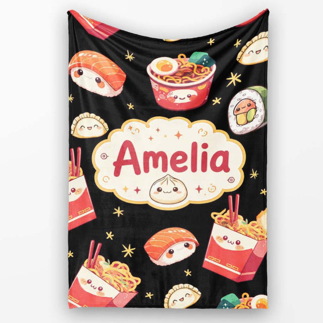 Cute Kawaii Sushi Ramen Dumpling Food Black Background Seamless  Personalised Custom Name Super Soft Fleece Blanket Bed Sofa Throw