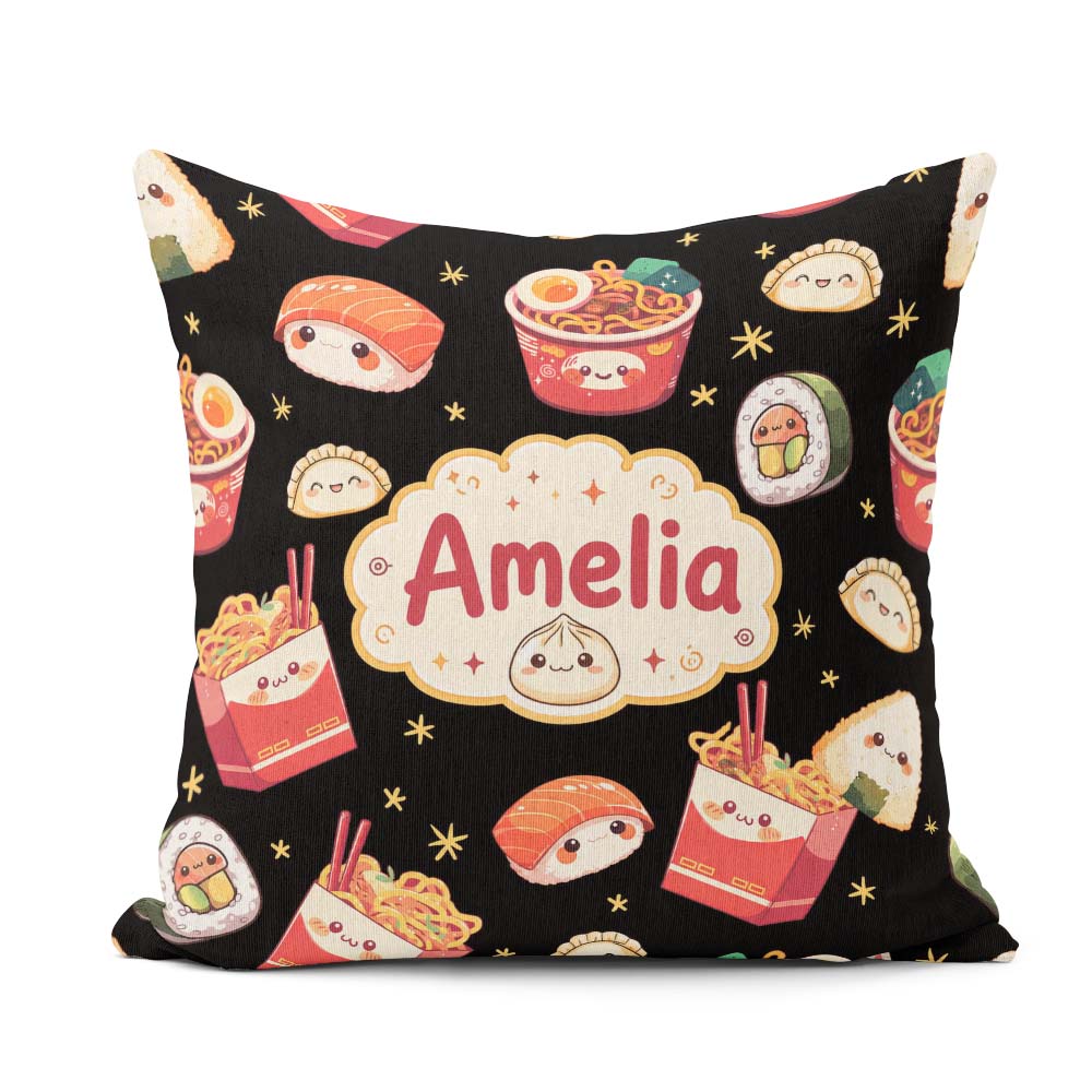 Custom Name Cute Kawaii Sushi Ramen Dumpling Food Black Seamless Square Filled Cushion Throw Pillow Sofa Bed Home Decor Zip Washable UK Made