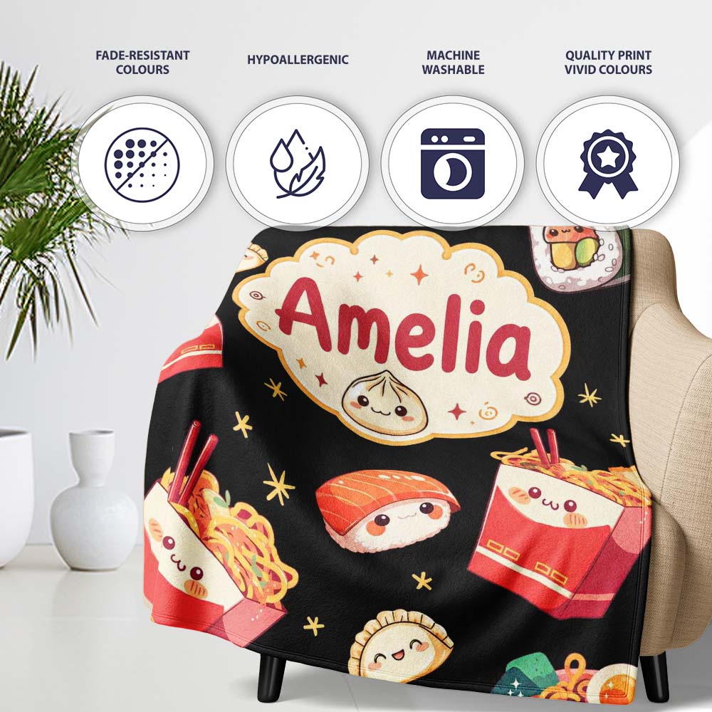 Cute Kawaii Sushi Ramen Dumpling Food Black Background Seamless  Personalised Custom Name Super Soft Fleece Blanket Bed Sofa Throw