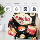 Cute Kawaii Sushi Ramen Dumpling Food Black Background Seamless  Personalised Custom Name Super Soft Fleece Blanket Bed Sofa Throw