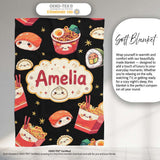 Cute Kawaii Sushi Ramen Dumpling Food Black Background Seamless  Personalised Custom Name Super Soft Fleece Blanket Bed Sofa Throw