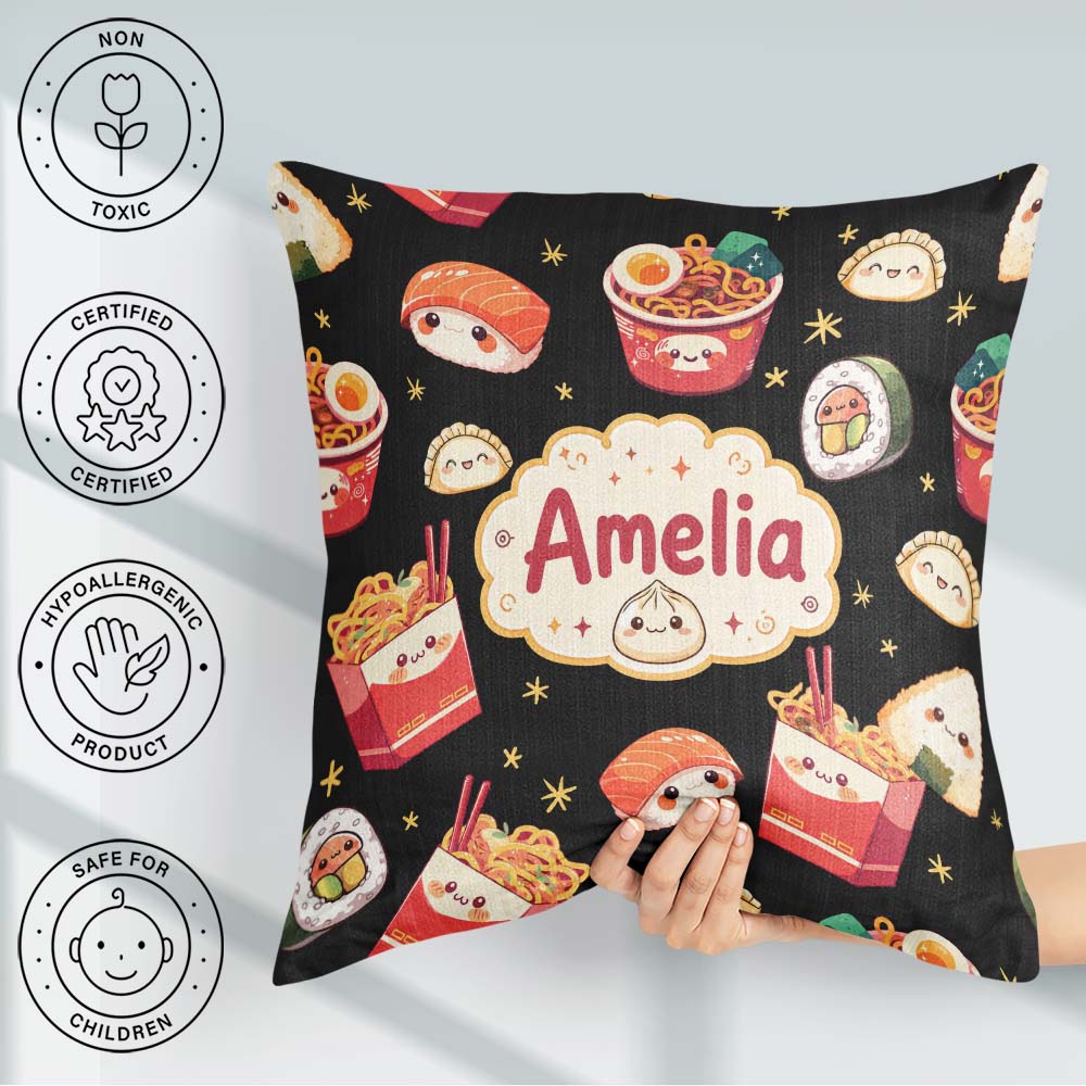 Custom Name Cute Kawaii Sushi Ramen Dumpling Food Black Seamless Square Filled Cushion Throw Pillow Sofa Bed Home Decor Zip Washable UK Made