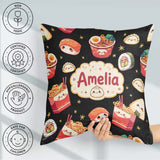 Custom Name Cute Kawaii Sushi Ramen Dumpling Food Black Seamless Square Filled Cushion Throw Pillow Sofa Bed Home Decor Zip Washable UK Made