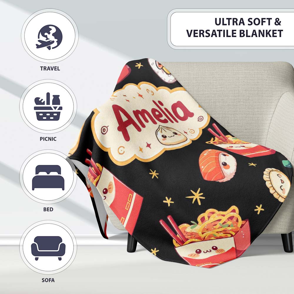 Cute Kawaii Sushi Ramen Dumpling Food Black Background Seamless  Personalised Custom Name Super Soft Fleece Blanket Bed Sofa Throw