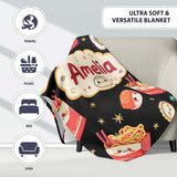 Cute Kawaii Sushi Ramen Dumpling Food Black Background Seamless  Personalised Custom Name Super Soft Fleece Blanket Bed Sofa Throw