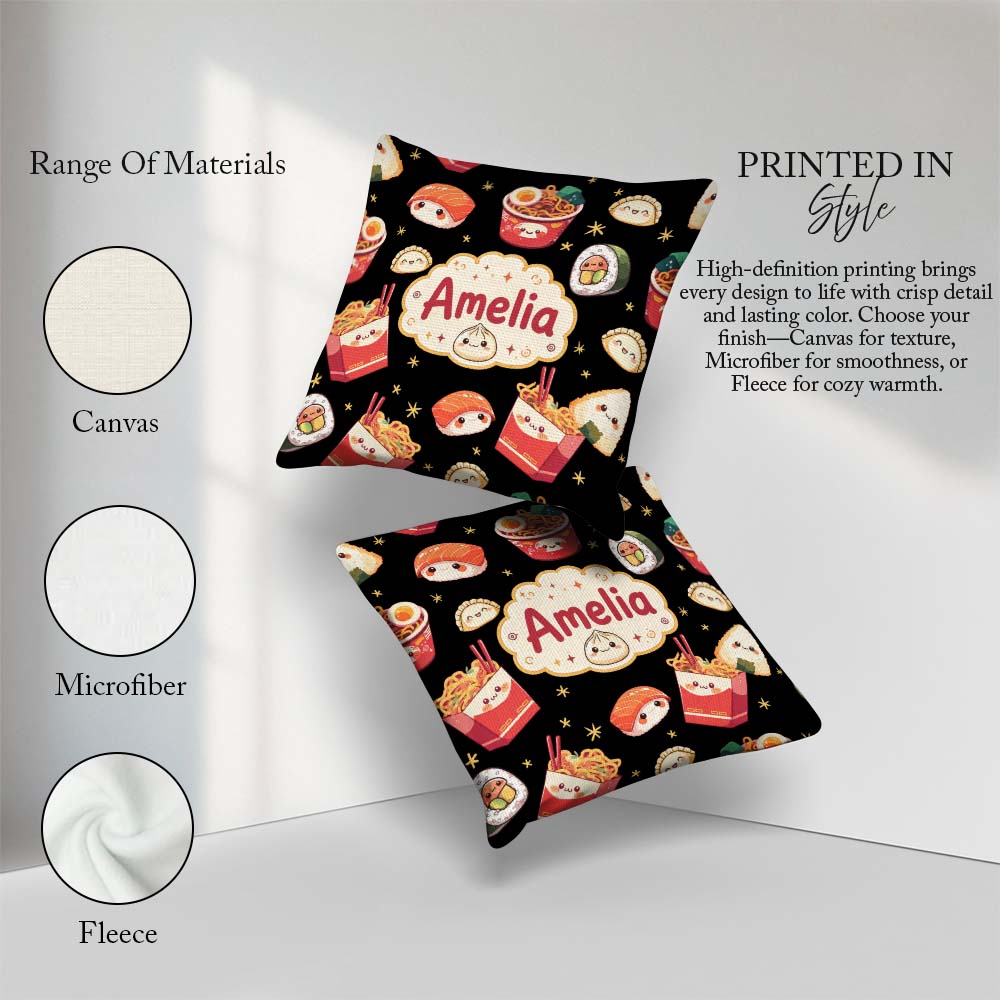 Custom Name Cute Kawaii Sushi Ramen Dumpling Food Black Seamless Square Filled Cushion Throw Pillow Sofa Bed Home Decor Zip Washable UK Made