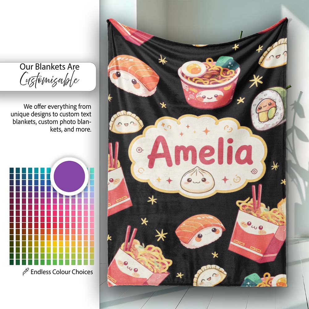 Cute Kawaii Sushi Ramen Dumpling Food Black Background Seamless  Personalised Custom Name Super Soft Fleece Blanket Bed Sofa Throw