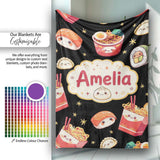 Cute Kawaii Sushi Ramen Dumpling Food Black Background Seamless  Personalised Custom Name Super Soft Fleece Blanket Bed Sofa Throw