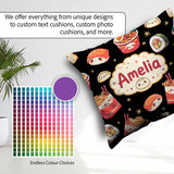 Custom Name Cute Kawaii Sushi Ramen Dumpling Food Black Seamless Square Filled Cushion Throw Pillow Sofa Bed Home Decor Zip Washable UK Made