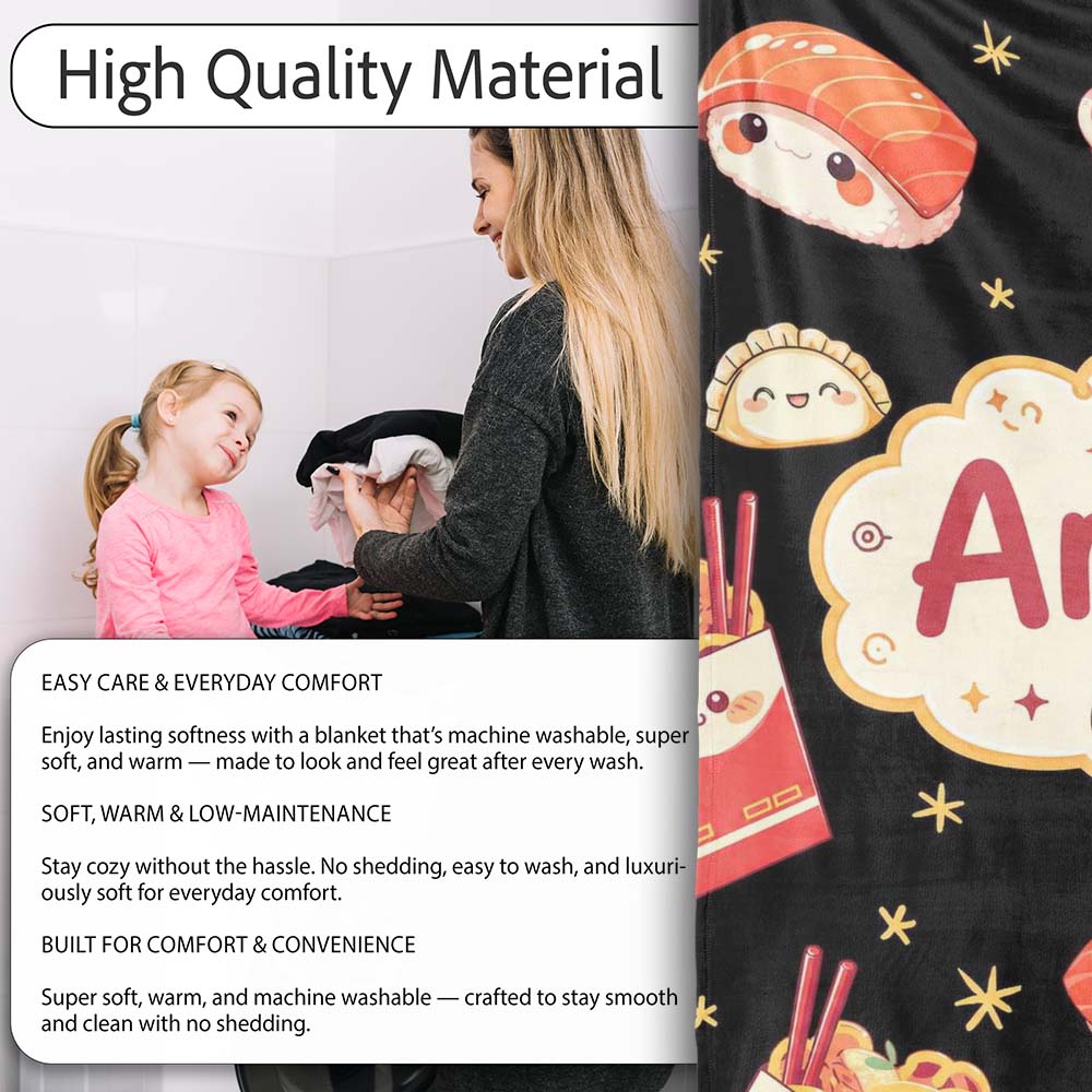 Cute Kawaii Sushi Ramen Dumpling Food Black Background Seamless  Personalised Custom Name Super Soft Fleece Blanket Bed Sofa Throw