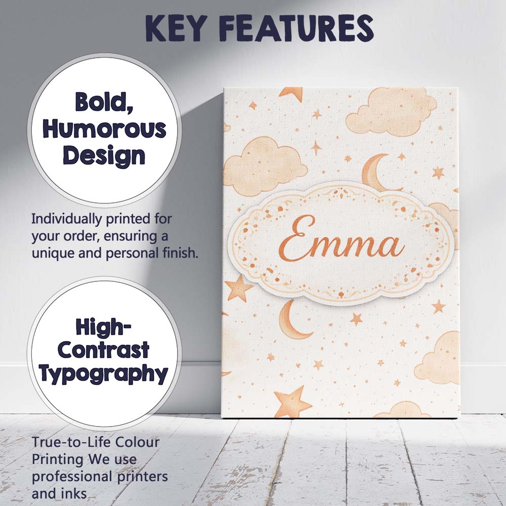 Personalised Name Warm Neutral Moon Stars Clouds Nursery Seamless Custom  Bespoke Canvas Wall Art Print Decor Picture Ready to Hang