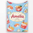 Cute Kawaii Sushi Ramen Dumpling Food Blue Background Seamless  Personalised Custom Name Super Soft Fleece Blanket Bed Sofa Throw