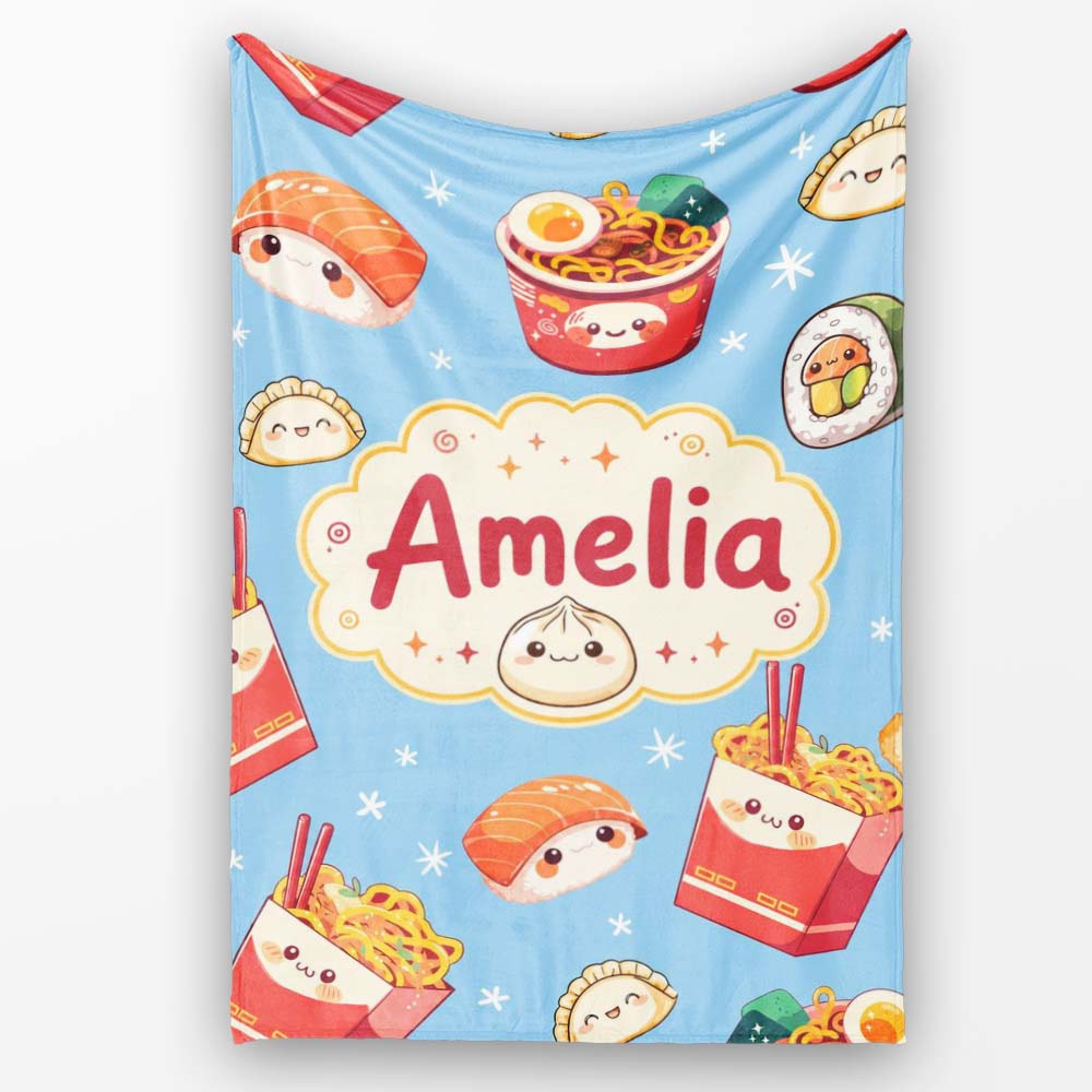 Cute Kawaii Sushi Ramen Dumpling Food Blue Background Seamless  Personalised Custom Name Super Soft Fleece Blanket Bed Sofa Throw