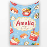 Cute Kawaii Sushi Ramen Dumpling Food Blue Background Seamless  Personalised Custom Name Super Soft Fleece Blanket Bed Sofa Throw