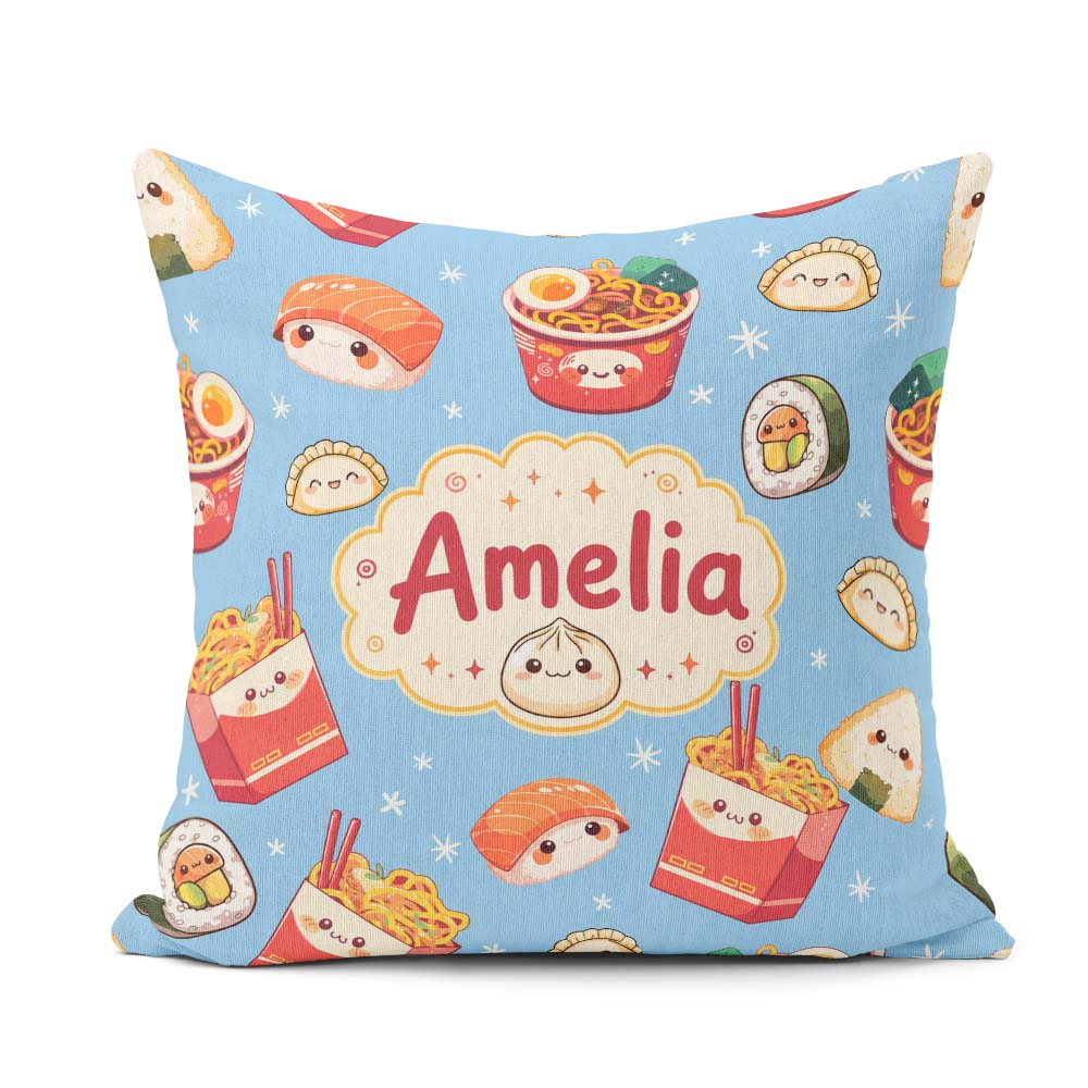 Custom Name Cute Kawaii Sushi Ramen Dumpling Food Blue Seamless Square Filled Cushion Throw Pillow Sofa Bed Home Decor Zip Washable UK Made