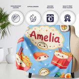 Cute Kawaii Sushi Ramen Dumpling Food Blue Background Seamless  Personalised Custom Name Super Soft Fleece Blanket Bed Sofa Throw