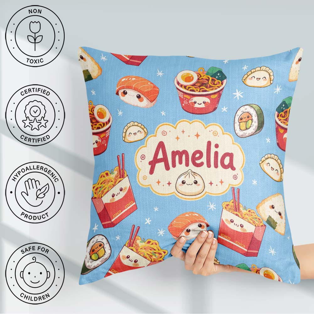Custom Name Cute Kawaii Sushi Ramen Dumpling Food Blue Seamless Square Filled Cushion Throw Pillow Sofa Bed Home Decor Zip Washable UK Made