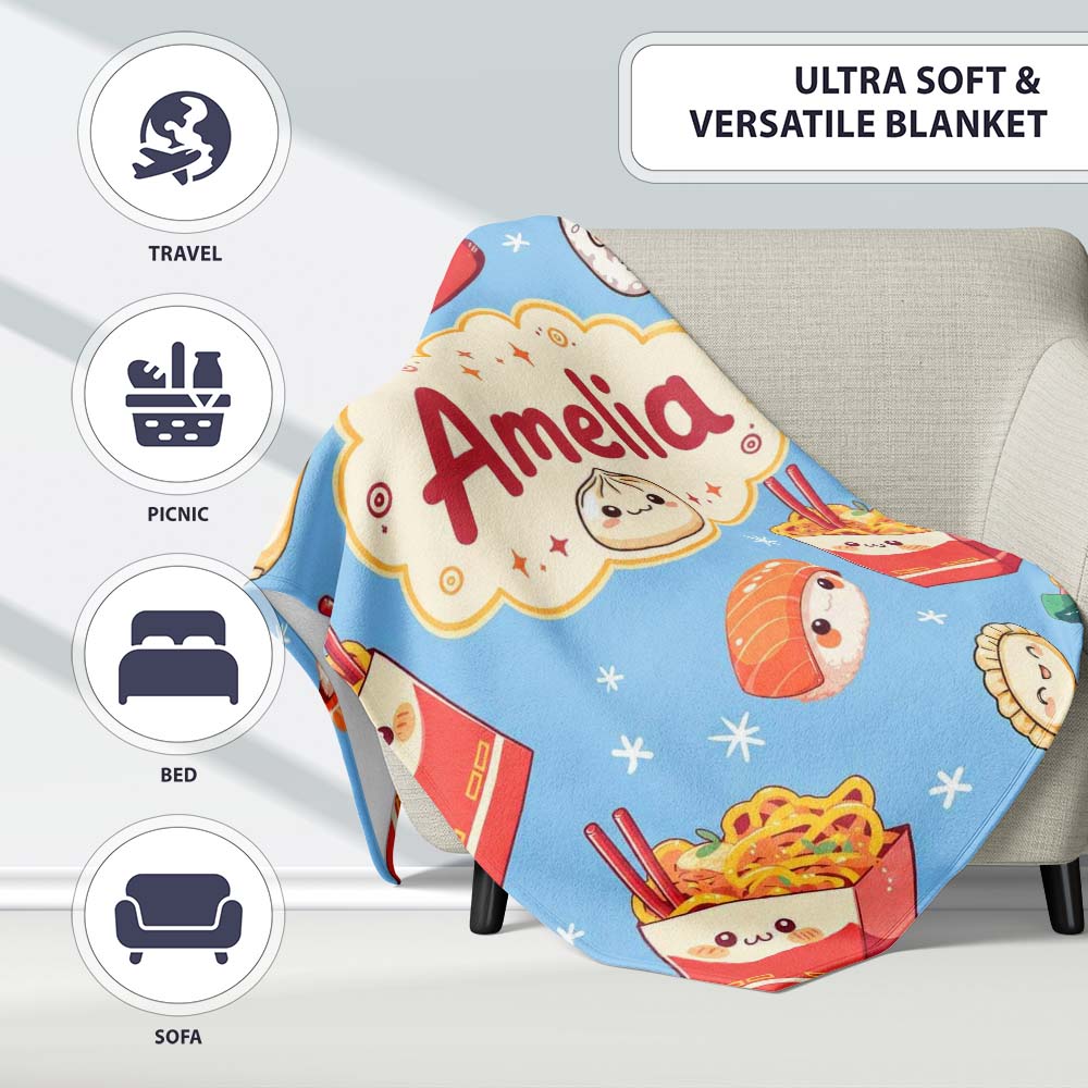 Cute Kawaii Sushi Ramen Dumpling Food Blue Background Seamless  Personalised Custom Name Super Soft Fleece Blanket Bed Sofa Throw