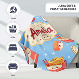 Cute Kawaii Sushi Ramen Dumpling Food Blue Background Seamless  Personalised Custom Name Super Soft Fleece Blanket Bed Sofa Throw