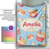Cute Kawaii Sushi Ramen Dumpling Food Blue Background Seamless  Personalised Custom Name Super Soft Fleece Blanket Bed Sofa Throw