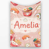 Cute Kawaii Sushi Ramen Dumpling Food Beige Background Seamless  Personalised Custom Name Super Soft Fleece Blanket Bed Sofa Throw