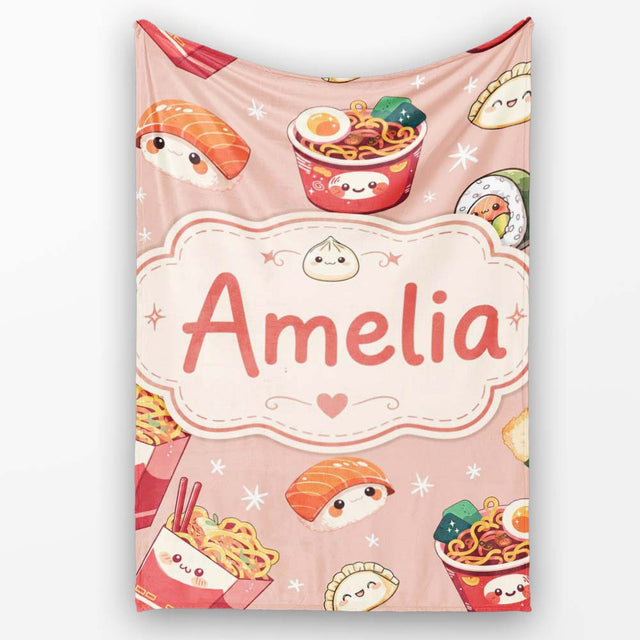 Cute Kawaii Sushi Ramen Dumpling Food Beige Background Seamless  Personalised Custom Name Super Soft Fleece Blanket Bed Sofa Throw