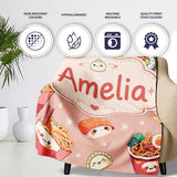 Cute Kawaii Sushi Ramen Dumpling Food Beige Background Seamless  Personalised Custom Name Super Soft Fleece Blanket Bed Sofa Throw