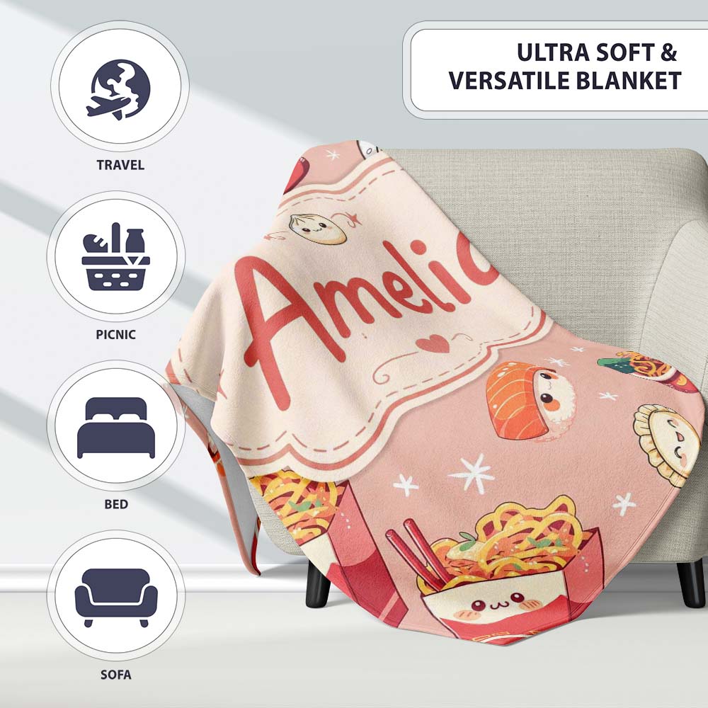 Cute Kawaii Sushi Ramen Dumpling Food Beige Background Seamless  Personalised Custom Name Super Soft Fleece Blanket Bed Sofa Throw