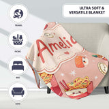 Cute Kawaii Sushi Ramen Dumpling Food Beige Background Seamless  Personalised Custom Name Super Soft Fleece Blanket Bed Sofa Throw