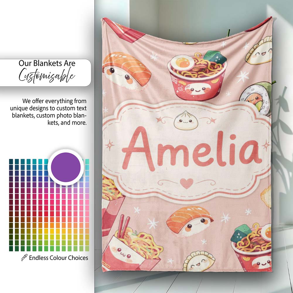Cute Kawaii Sushi Ramen Dumpling Food Beige Background Seamless  Personalised Custom Name Super Soft Fleece Blanket Bed Sofa Throw