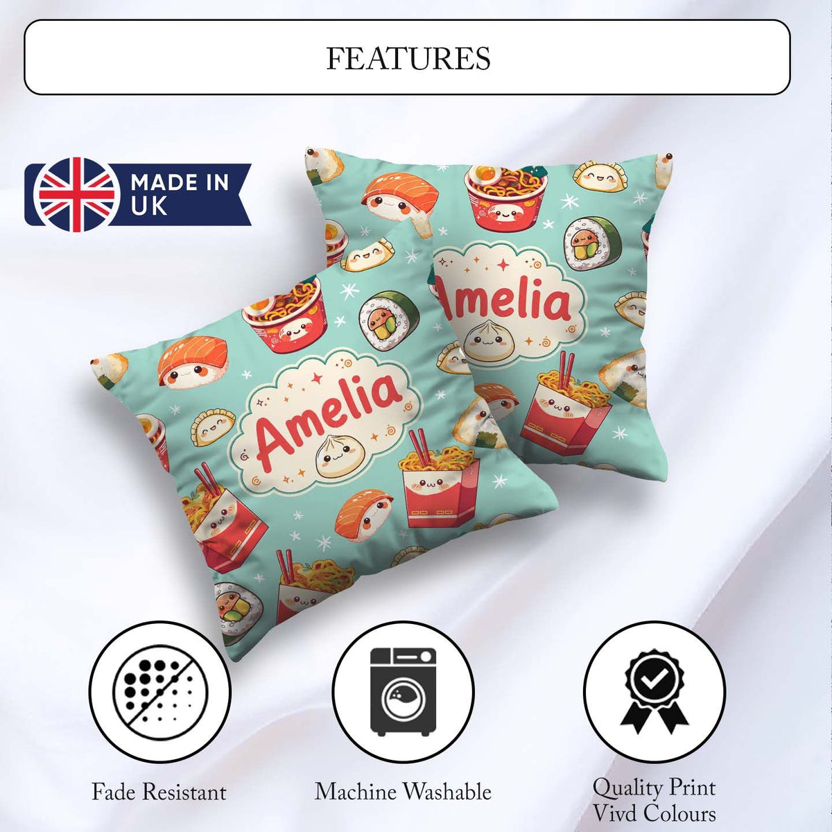 Custom Name Cute Kawaii Sushi Ramen Dumpling Food Mint Seamless Square Filled Cushion Throw Pillow Sofa Bed Home Decor Zip Washable UK Made