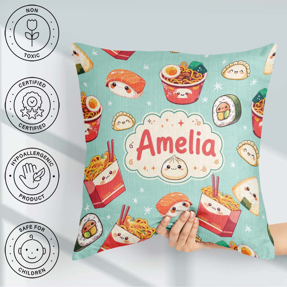Custom Name Cute Kawaii Sushi Ramen Dumpling Food Mint Seamless Square Filled Cushion Throw Pillow Sofa Bed Home Decor Zip Washable UK Made