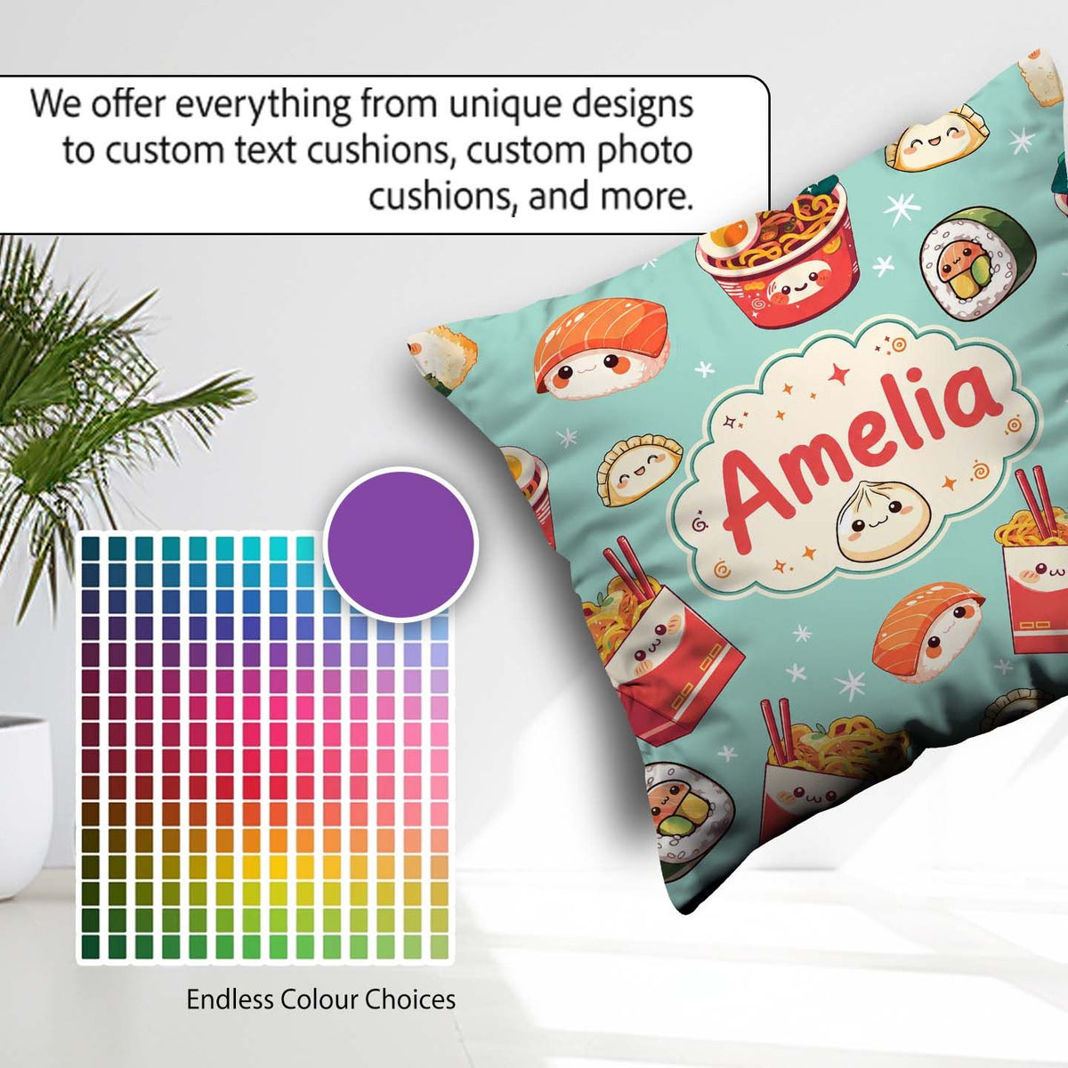 Custom Name Cute Kawaii Sushi Ramen Dumpling Food Mint Seamless Square Filled Cushion Throw Pillow Sofa Bed Home Decor Zip Washable UK Made