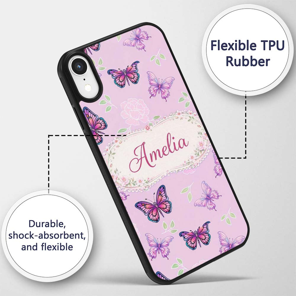 Pink Purple Butterfly Floral Lavender Background Custom Name Protective Phone Case Mobile Cover Durable Everyday Smartphone Shock Resistant