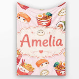 Cute Kawaii Sushi Ramen Dumpling Food Pink Background Seamless  Personalised Custom Name Super Soft Fleece Blanket Bed Sofa Throw