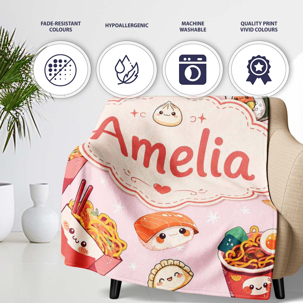 Cute Kawaii Sushi Ramen Dumpling Food Pink Background Seamless  Personalised Custom Name Super Soft Fleece Blanket Bed Sofa Throw