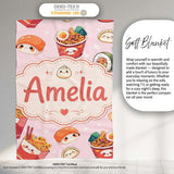 Cute Kawaii Sushi Ramen Dumpling Food Pink Background Seamless  Personalised Custom Name Super Soft Fleece Blanket Bed Sofa Throw