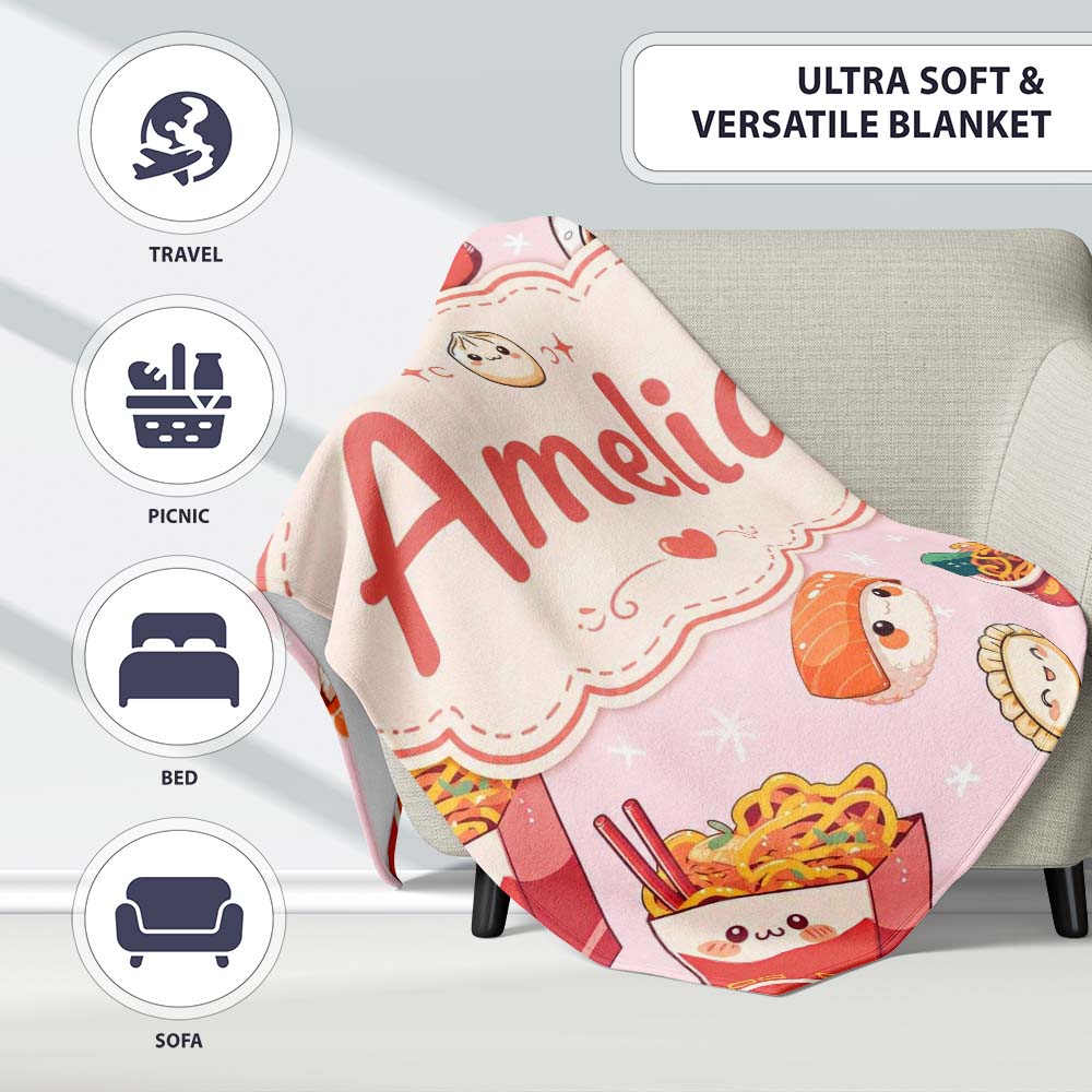 Cute Kawaii Sushi Ramen Dumpling Food Pink Background Seamless  Personalised Custom Name Super Soft Fleece Blanket Bed Sofa Throw
