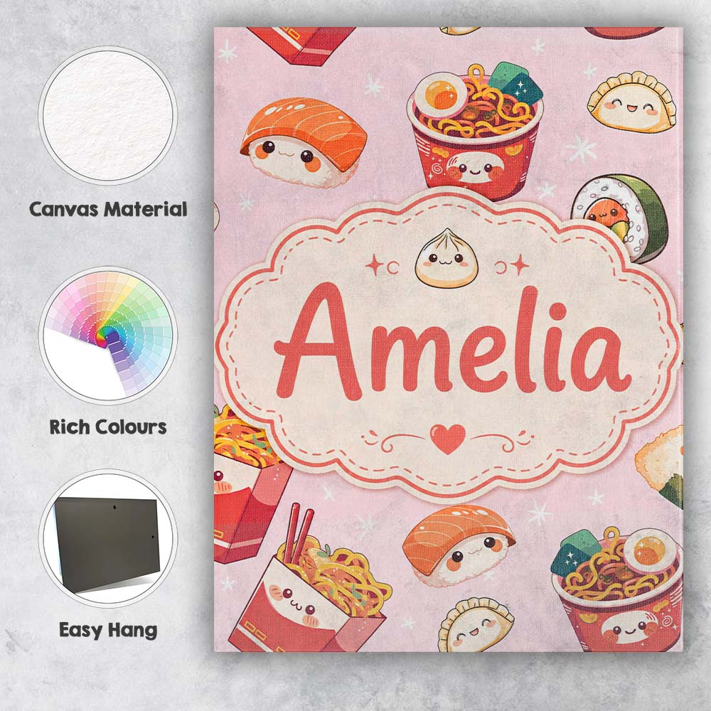 Personalised Name Cute Kawaii Sushi Ramen Custom  Unique Gift Idea Elegant Feature Canvas Wall Art Print Decor Picture Ready to Hang