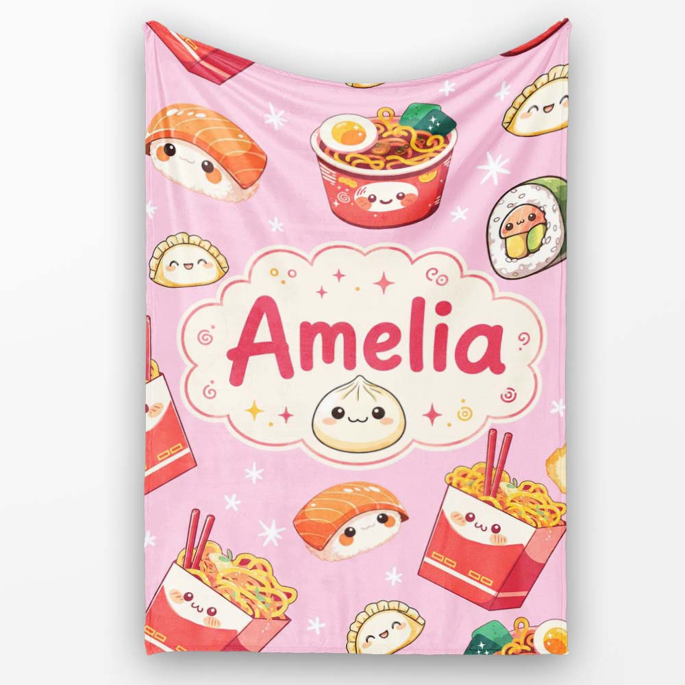 Cute Kawaii Sushi Ramen Dumpling Food Blush Pink Background  Personalised Custom Name Super Soft Fleece Blanket Bed Sofa Throw