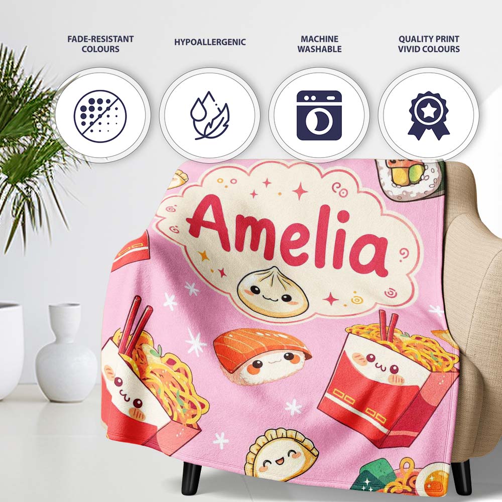 Cute Kawaii Sushi Ramen Dumpling Food Blush Pink Background  Personalised Custom Name Super Soft Fleece Blanket Bed Sofa Throw