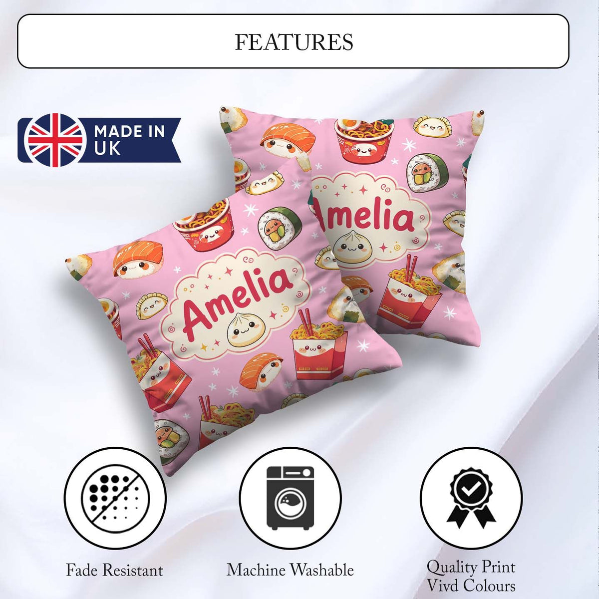 Custom Name Cute Sushi Ramen Dumpling Food Blush Pink Background Square Filled Cushion Throw Pillow Sofa Bed Home Decor Zip Washable UK Made
