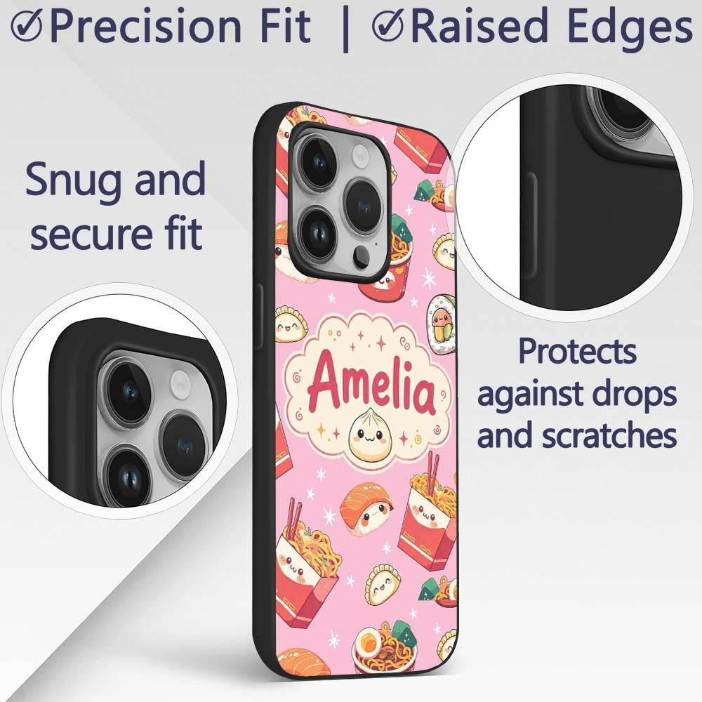 Cute Kawaii Sushi Ramen Dumpling Food Blush Pink Custom Name Protective Phone Case Mobile Cover Durable Everyday Smartphone Shock Resistant
