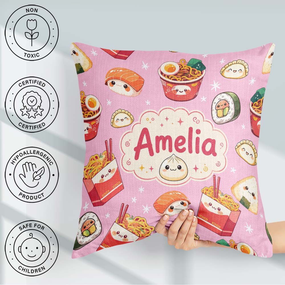 Custom Name Cute Sushi Ramen Dumpling Food Blush Pink Background Square Filled Cushion Throw Pillow Sofa Bed Home Decor Zip Washable UK Made